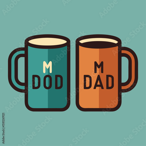 Two cups with the word dad on them. One is black and the other is red. The cups are sitting on a blue background