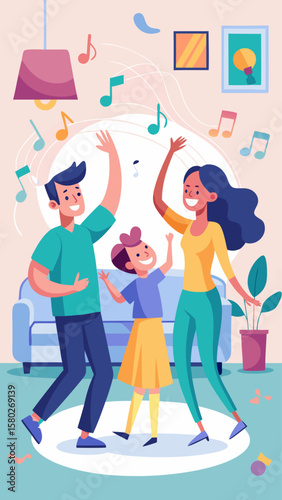 A family is playing a game together in a living room. The man is wearing a green shirt and the woman is wearing a yellow shirt. The children are standing and the man is dancing. Scene is happy and fun