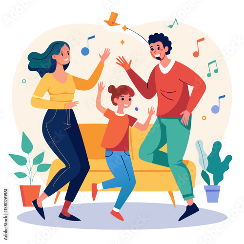 A family is playing a game together in a living room. The man is wearing a green shirt and the woman is wearing a yellow shirt. The children are standing and the man is dancing. Scene is happy and fun