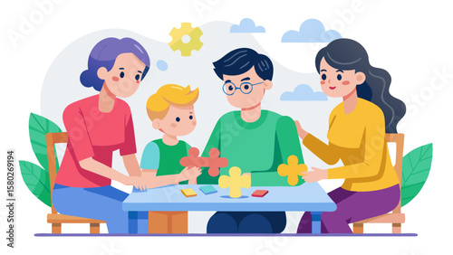 A family of four is sitting around a table playing with a puzzle. The man is wearing glasses and the woman is wearing a yellow shirt. The children are looking at the puzzle