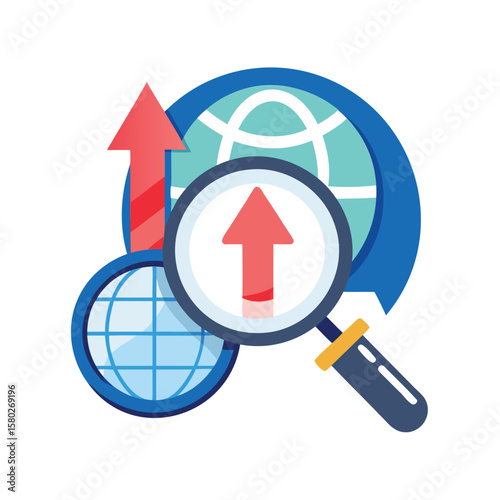 Global search and analysis with upward trending arrows and magnifying glass
