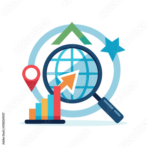 Global business growth analysis with magnifying glass and upward trending charts