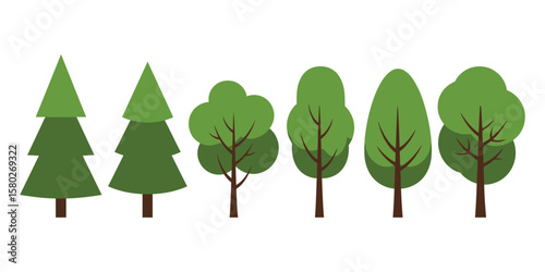 Flat vector green tree set with different shapes and styles, cartoon animation design for video and illustration