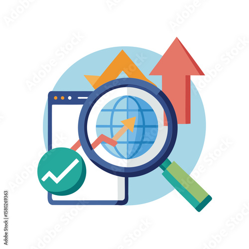 Magnifying glass over globe with upward trending graphs and check mark symbolizing growth