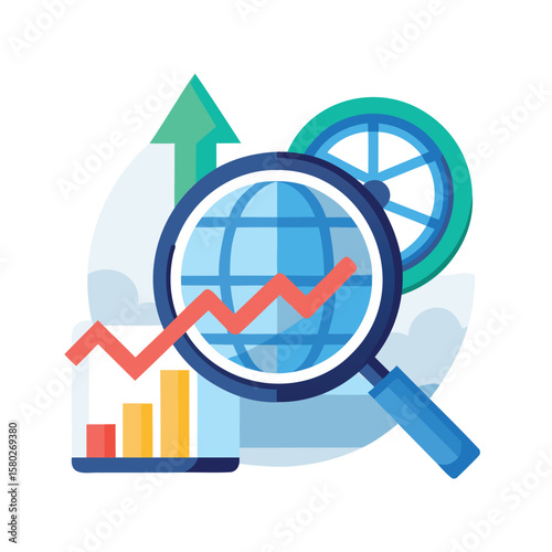 Global business growth analysis with magnifying glass and upward trend chart