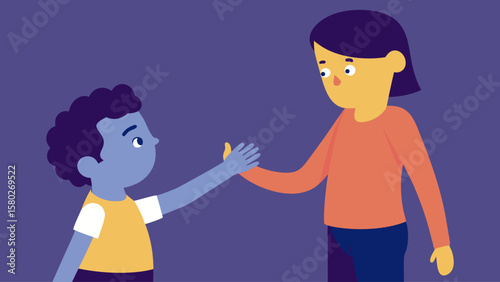 A hand is reaching out to a child, but the child is not allowing it. Concept of sadness and longing, as the child seems to be in need of comfort or support