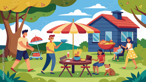 A group of people are gathered outside in a park, enjoying a sunny day. There are several chairs and a dining table set up, with cups and bowls on the table. A dog is also present