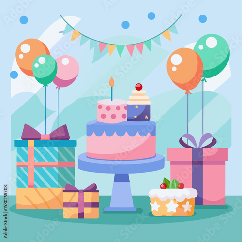 A birthday party with a cake and balloons. The cake is purple and has candles on it. There are many presents and balloons scattered around the room. Scene is festive and celebratory