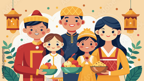 A family of five people are holding bowls of fruit. Scene is happy and cheerful