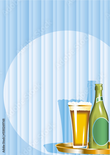 Beer bottle and beer glass on blue background