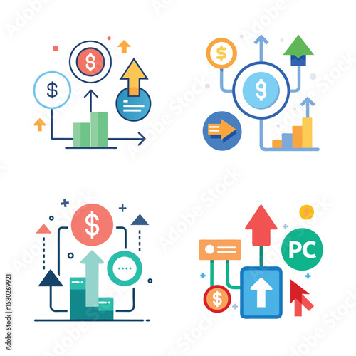 Financial growth and investment progress illustrated with charts and currency symbols