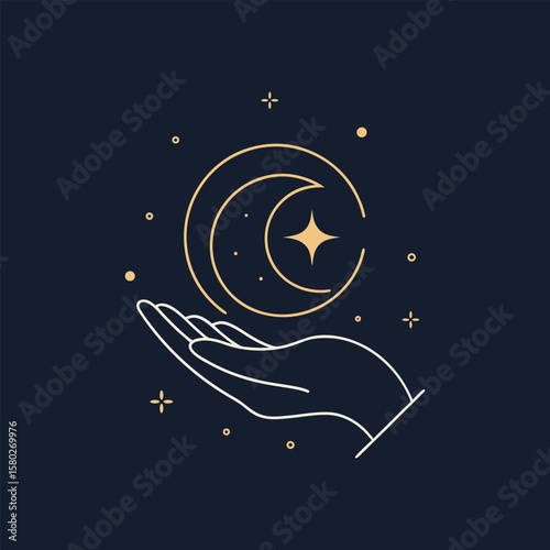 Hand cradling crescent moon and star celestial illustration on dark blue background