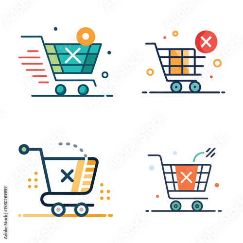 Four stylized shopping carts with cross marks indicating cancellation or removal