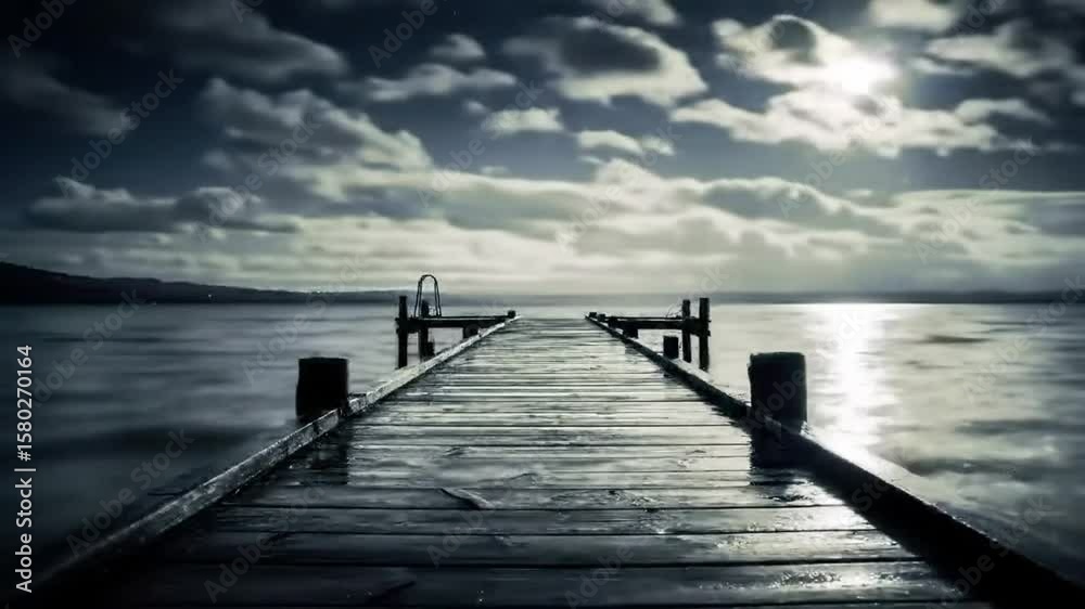 Serene wooden dock extending into calm waters under dramatic cloudy sky with sunlight peeking through