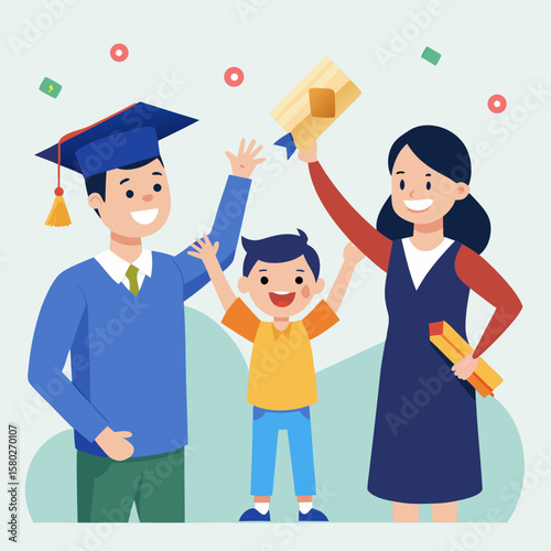 A man and a woman are holding a child and a graduation cap. The man is wearing a blue shirt and a tie, while the woman is wearing a blue dress