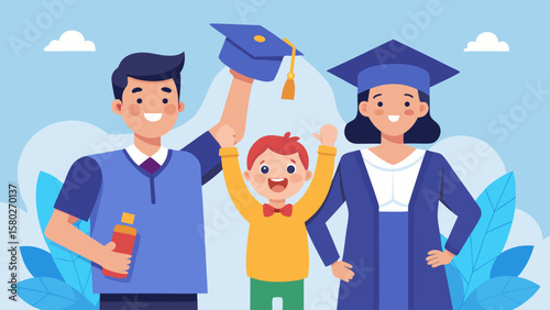 A man and a woman are holding a child and a graduation cap. The man is wearing a blue shirt and a tie, while the woman is wearing a blue dress