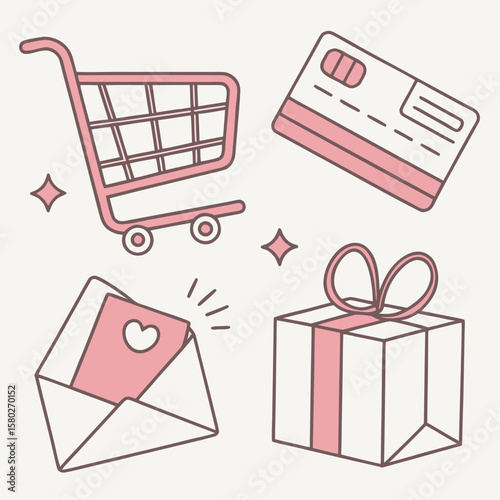 Cute pink shopping cart credit card gift and envelope icons for online shopping