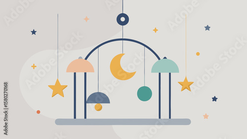 A colorful crib with a moon and stars hanging from the ceiling. The crib is decorated with a variety of shapes and colors, creating a playful and whimsical atmosphere. Concept of joy and wonder