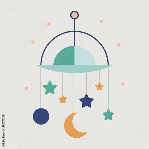 A colorful crib with a moon and stars hanging from the ceiling. The crib is decorated with a variety of shapes and colors, creating a playful and whimsical atmosphere. Concept of joy and wonder