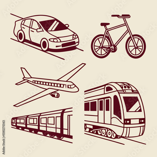 Collection of stylized line art icons representing different modes of transportation