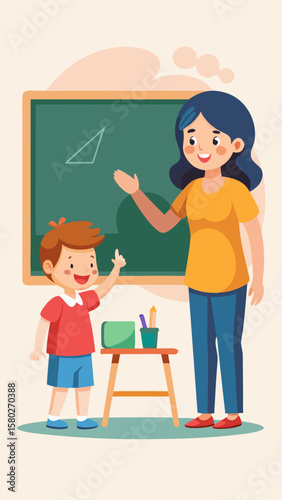 A man and a girl are in a classroom. The man is holding a book and the girl is holding a pencil