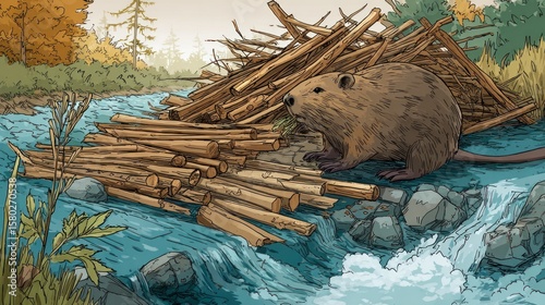 A muskrat by a log dam