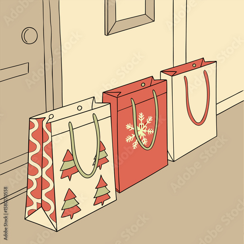 Three festive christmas gift bags with holiday designs are lined up neatly by a door ready for delivery or collection