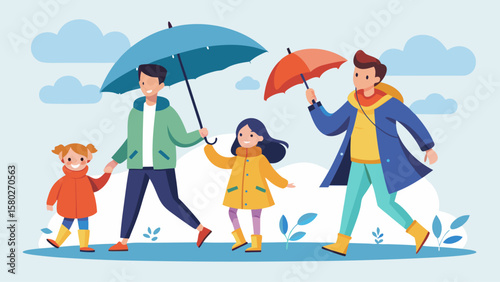 A family of four is walking in the rain, with a man holding an umbrella over a child. Scene is cheerful and lighthearted, as the family is enjoying their time together despite the wet weather