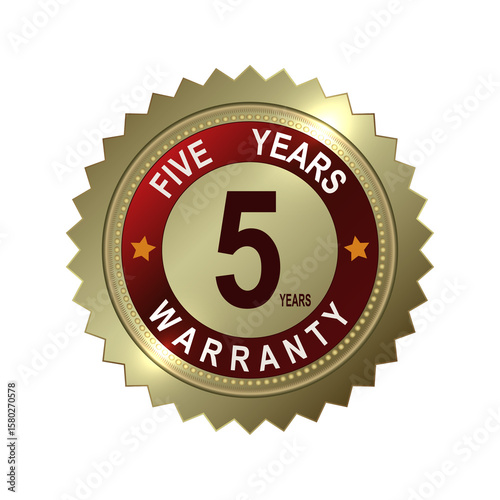 Round and rectangular emblems in gold color with the text five-year product warranty