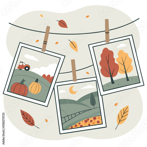 Three framed autumn photographs of a farm scene with pumpkins and a tractor colorful fall trees and a rural landscape with a crescent moon all hanging on a clothesline with falling leaves