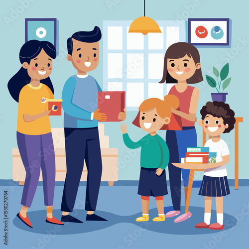 A family is gathered in a living room, with a man holding a picture of a flower. The children are looking at the picture, and the adults are smiling. Scene is happy and warm