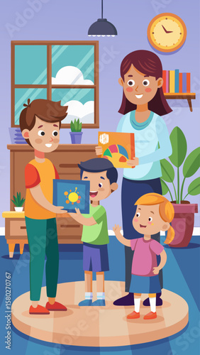 A family is gathered in a living room, with a man holding a picture of a flower. The children are looking at the picture, and the adults are smiling. Scene is happy and warm