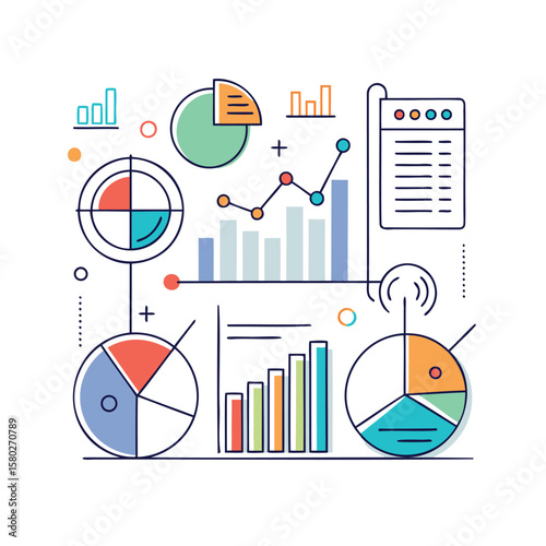 Modern flat design illustration of financial charts and graphs with data analysis elements