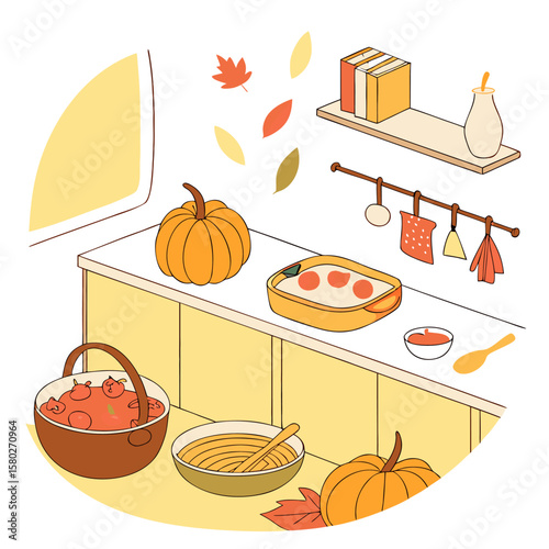 Cozy autumn kitchen scene with pumpkins and baked dishes evoking warmth and harvest season vibes