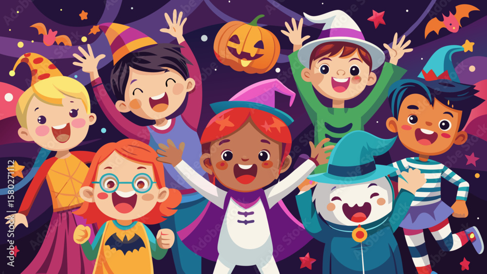Illustration of children in halloween costumes with pumpkin and bats on a purple background design Illustration of children in halloween costumes with pumpkin and bats on a purple background design