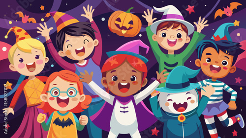 Illustration of children in halloween costumes with pumpkin and bats on a purple background design