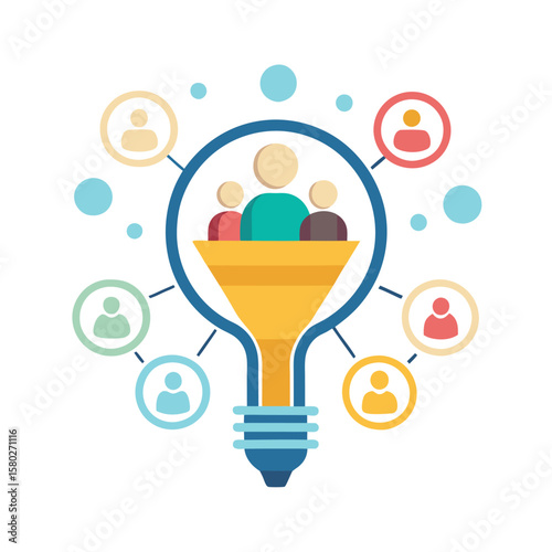 Creative light bulb concept with people inside a funnel and connected to network