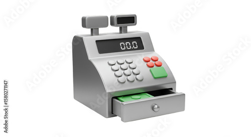 Silver Cash Register With Green Button 3D Rendered on Transparent
