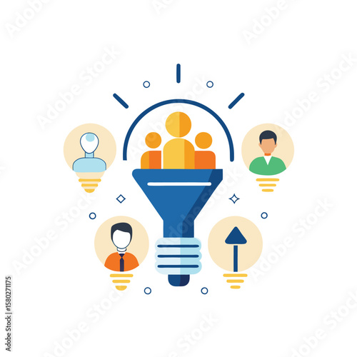 Teamwork and idea generation concept with people inside a lightbulb funnel