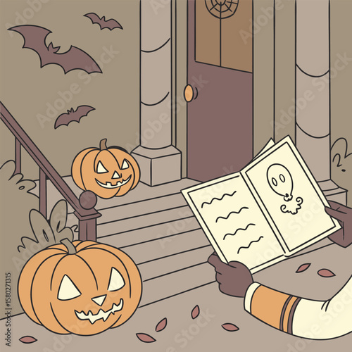 A person holding a halloween invitation with a ghost drawing on it stands on a porch with carved pumpkins and bats flying around