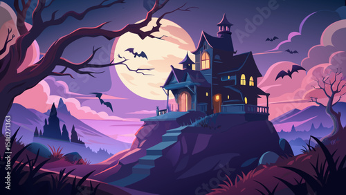 Cartoon haunted house on a hill with a full moon and bats flying in the night sky illustration design