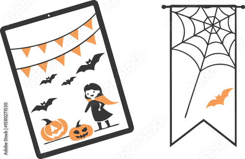 Digital halloween decorations featuring a tablet screen with a girl pumpkins bats and bunting alongside a separate banner with a spiderweb and bat