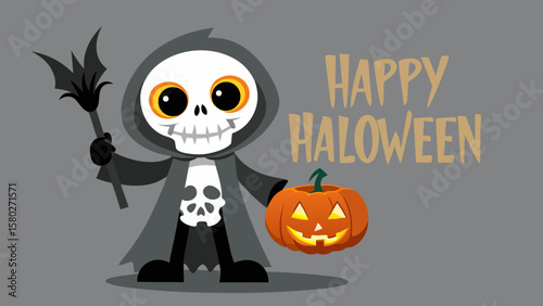 Cartoon grim reaper holding a bat staff and a jack o lantern with happy halloween text on gray background
