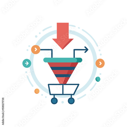 Sales funnel process illustration with shopping cart and arrows showing customer journey