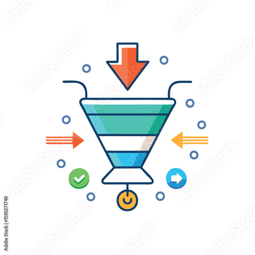 Conceptual illustration of a sales or marketing funnel with process flow and success indicators