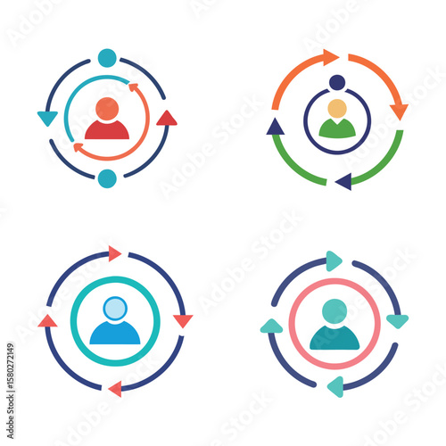 Four colorful circular diagrams illustrating people and cyclical processes with arrows