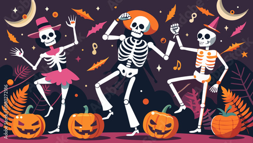 Dancing skeletons in hats with pumpkins and bats celebrate halloween night with festive music notes
