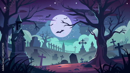 A spooky graveyard scene with tombstones bats and a full moon on a dark halloween night landscape
