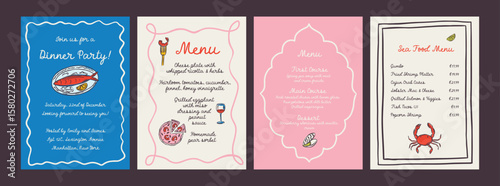 Whimsical hand drawn sea food poster and menu template in trendy whimsical style. Perfect doodle for quirky italian dinner  restaurant and cafe, kitchen wall art, poster,  party, birthday, sign