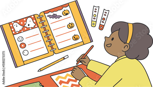 A young girl with curly hair wearing a yellow shirt and headband is happily writing in a halloween themed notebook with ghosts and pumpkins surrounded by art supplies